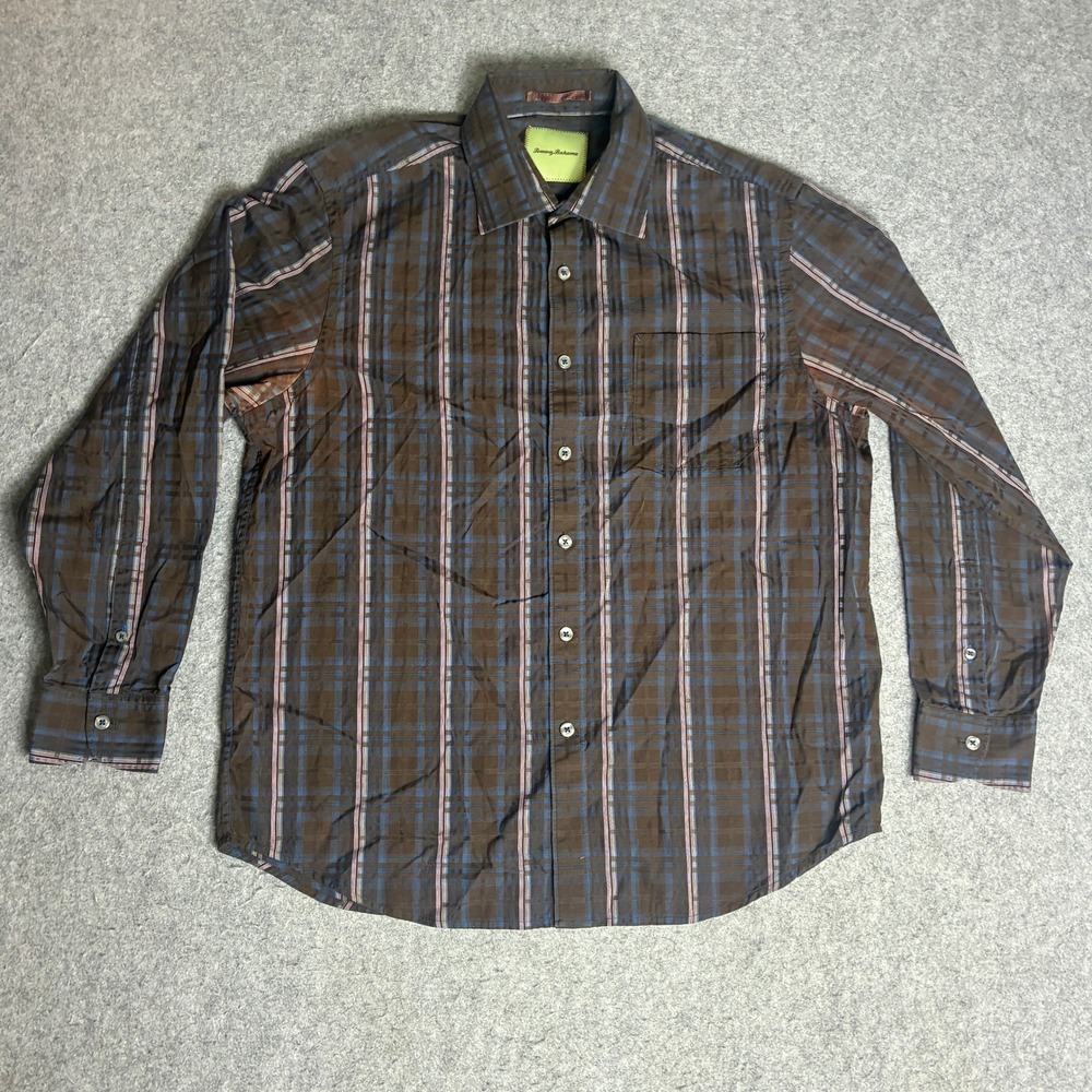 Tommy Bahama Button Down Shirt Mens L Brown Plaid Long Sleeve Cotton Excellent